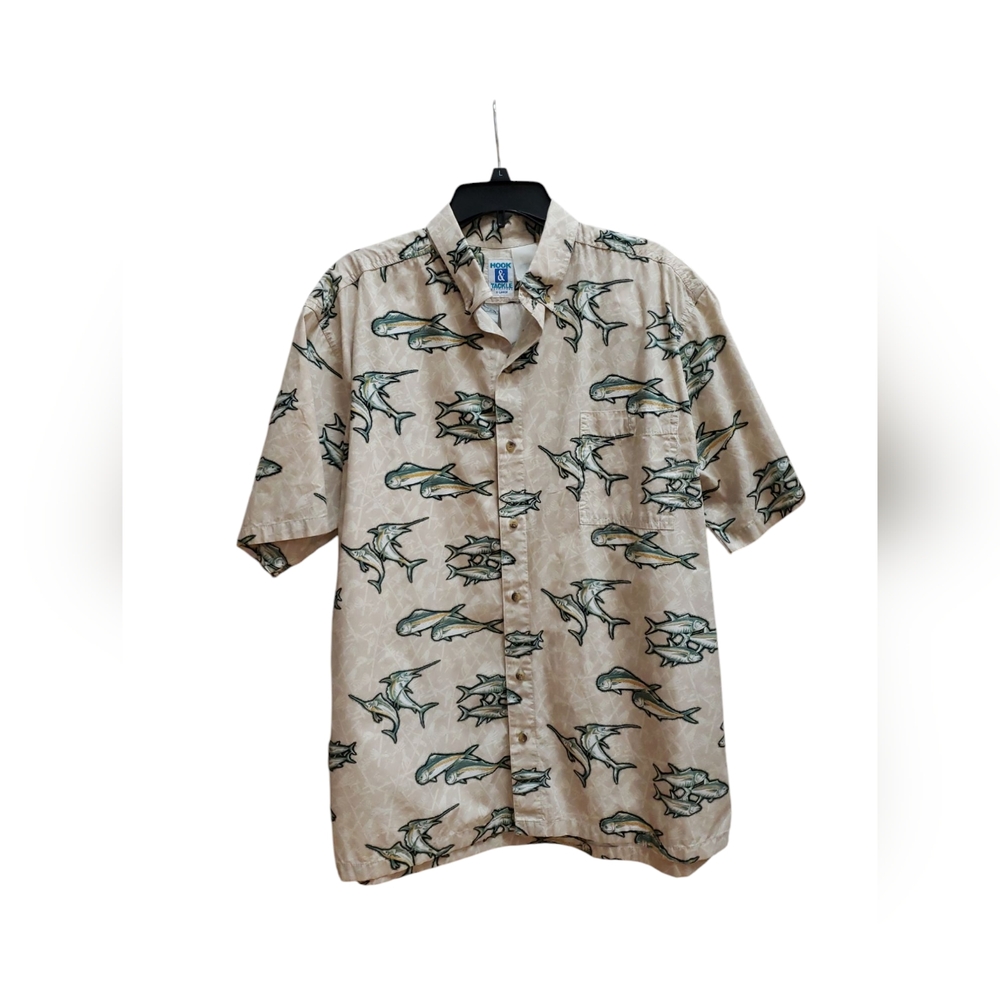 Hook And Tackle Button Up Shirt Mens Size XL Cream Fishing Collar Short Sleeve